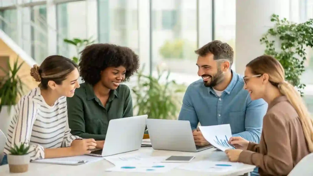 A team collaborating in a meeting, symbolizing teamwork and strategy.